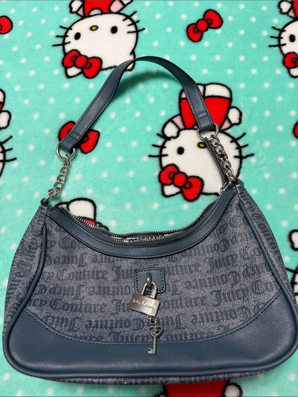 Juicy Couture Denim Blue Logo Shoulder Bag with Padlock Charm